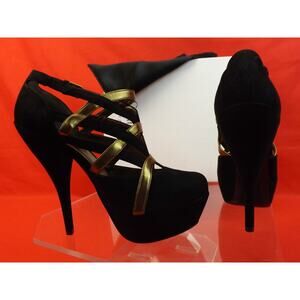 NIB YSL YVES SAINT LAURENT LUCY BLACK GOLD LEATHER CAGE PLATFORM PUMPS 39